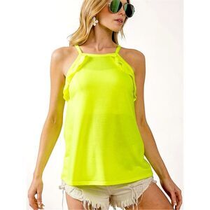BiBi Neon Yellow Ruffle Sleeveless Top Halter Neck Tank Bright Summer Blouse NEW